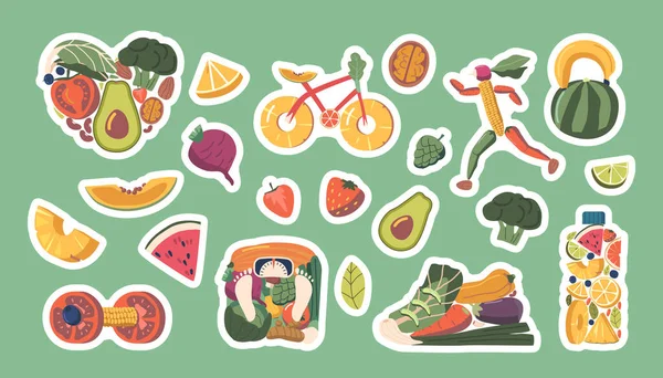 Set Stickers Fruits Vegetables Shape Shoe Heart Bicycle Running Sportsman — Stock Vector