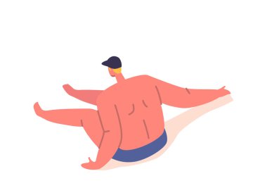 Adam sahilde dinleniyor, güneş ışınlarını emiyor, huzurlu bir anın tadını çıkarıyor. Kum Tepesinde Oturan Erkek Karakter Beyaz Arkaplanda İzole Edildi. Çizgi film İnsanları Vektör İllüstrasyonu