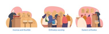Karakterlerle İzole Edilmiş Elementler Ortodoks Kilise Servisine Katılıyor. Erkekler ve Kadınlar Rahip Okuma Edebiyatı, Sacral Ayinler ve Törenler Yapıyor. Çizgi film İnsanları Vektör İllüstrasyonu