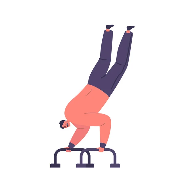 Leichtathletik Mann Bei Einer Handstandübung Der Calisthenics Stange Männlicher Charaktersportler — Stockvektor