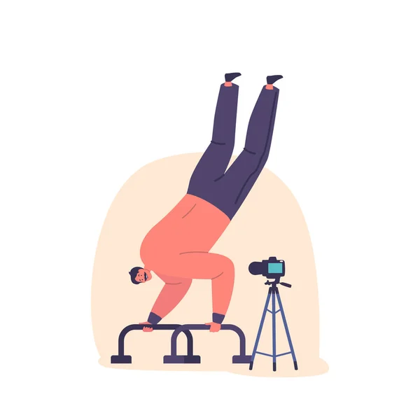 Man Performing Handstand Exercise Calisthenics Bars Recording Video Tutorial Camera — Διανυσματικό Αρχείο