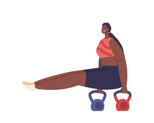 Kraftvolle Schwarze Frau Mit Geformten Muskeln Die Herausforderndes Kettlebell Calisthenics — Stockvektor