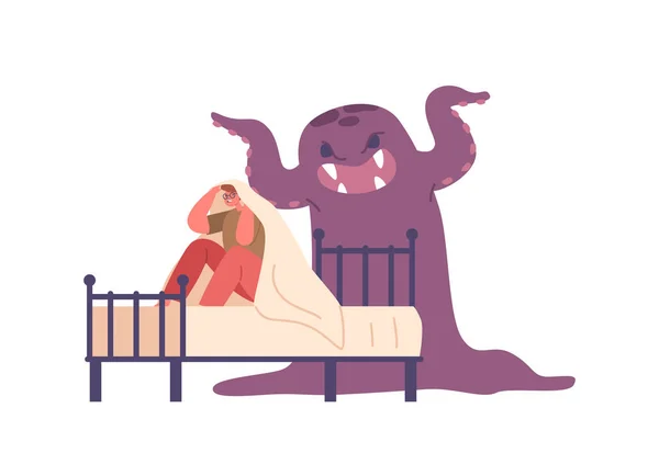 Koszmar Dzieci Przerażona Fobia Mały Przerażony Drżący Chłopiec Siedzi Łóżku — Wektor stockowy