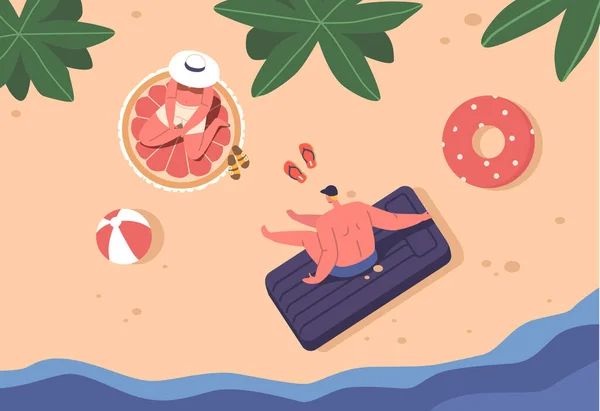 Paar Männer Und Frauen Entspannen Sich Sandstrand Von Oben Betrachtet — Stockvektor