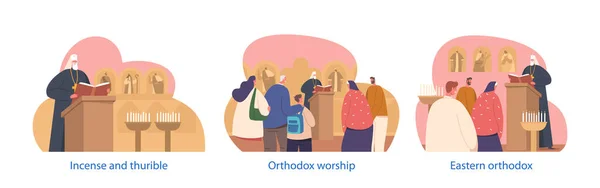 Vereinzelte Elemente Mit Charakteren Besuchen Den Orthodoxen Gottesdienst Männer Und — Stockvektor