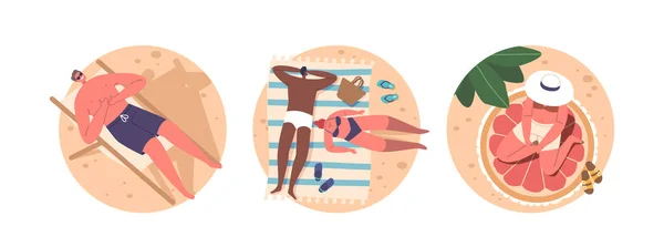 Одинокие Круглые Иконы Аватары Персонажами Отдыхают Лодках Загорают Хлопают Пляжу — стоковый вектор