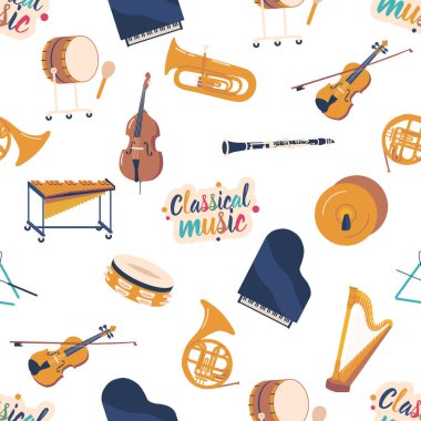 Klasik Müzik Enstrümanlarıyla Kusursuz Desen. Tef, Grand Piano, Ksilofon ve Fransız Kornosu. Davul, çello, pirinç tabaklar, arp, keman ve klarnet. Çizgi film Vektör Döşeme Arkaplanı