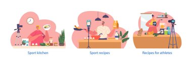 Gıda blogcusu karakterli izole elementler kamerada spor yemeği pişirme, sağlıklı ve lezzetli yemek tarifleriyle büyüleyici izleyiciler, mükemmel besin dengesi. Çizgi film Vektör İllüstrasyonu