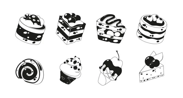 甜甜的和迷人的蛋糕黑白色图标 有多种样式 理想的烘焙标志 邀请函等 单色烘焙 冰淇淋 卡通矢量图解 — 图库矢量图片