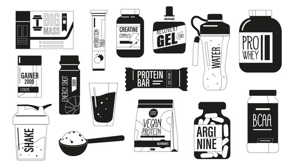 Sports Nutrition Black White Icons Set Specialized Dietary Food Athletes — Stock Vector
