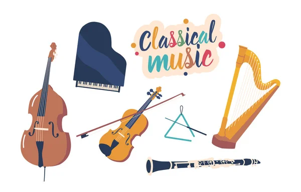 Set Classical Musical Instruments Grand Piano Cello Harp Violin Double — Stock Vector