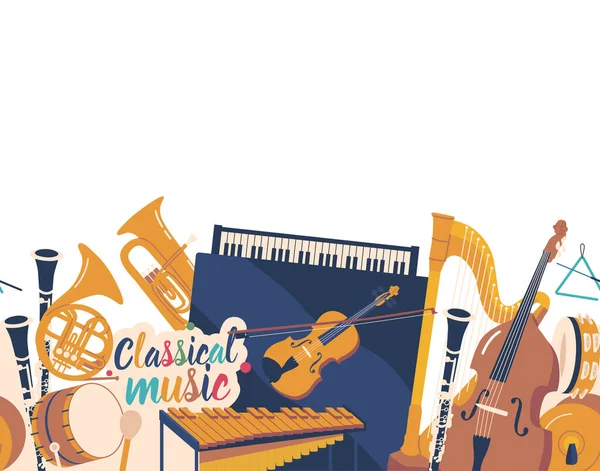 タンバリン グランドピアノ Xylophoneとフランスホーンとシームレスなパターン ドラム チェロ ブラスプレート ハープまたはヴァイオリンとクラリネットのクラシック楽器 漫画ベクトルタイルの背景 — ストックベクタ