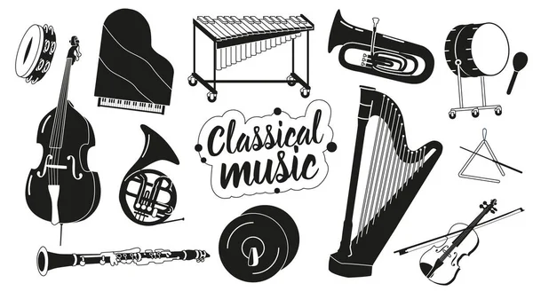 Conjunto Instrumentos Musicales Clásicos Iconos Blanco Negro Pandereta Gran Piano — Archivo Imágenes Vectoriales