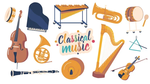 Klasik Müzik Enstrümanları Seti Tef Grand Piano Ksilofon Trompet Pirinç — Stok Vektör