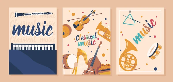 Klasik Müzik Enstrümanları Keman Klarnet Çello Harp Afişleri Davul Fransız — Stok Vektör
