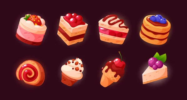 Sweet Cupcake Game Icons Set Очаровательные Кондитерские Сладости Красочными Топпингами — стоковый вектор