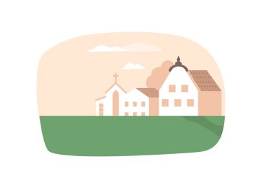 Huzurlu ve uyumlu bir atmosfer yaratan, huzurlu bir Katolik Kilisesi ve Huzurlu bir manzaranın içine gizlenmiş şirin bir kır evi içeren İdealist Kırsal Sahne. Çizgi film Vektör İllüstrasyonu