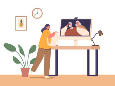 Çocuk Kız Karakteri, video konferansı, hikayeler, kahkahalar ve fiziksel uzaklığa rağmen sevgi paylaşımı yoluyla büyükanne ve büyükbabasıyla bağlantı kurar. Çizgi film İnsanları Vektör İllüstrasyonu