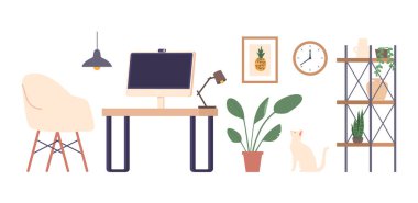 Simge Masası, Bilgisayar, Lamba ve Raflar. Ev bitkisi, duvar resmi ve kedili saat. İşlevsel Çalışma Alanı Ögeleri Üretkenlik, Çalışma ya da Oyun İçin İdeal. Çizgi film Vektör İllüstrasyonu