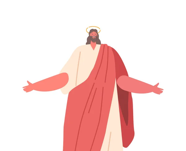 Personnage Souriant Jésus Avec Expression Joyeuse Bras Tendus Amour Rayonnant — Image vectorielle