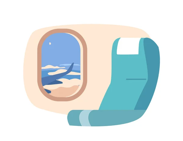 有云彩的飞机舷窗 迷人的毛茸茸的云彩景观 给乘客提供迷人的闪光 在飞行过程中进入宁静的天空之美 卡通矢量图解 — 图库矢量图片