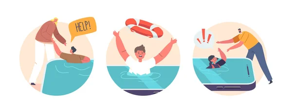 Isolated Icons Avatars Parents Saving Children Drowning Smartphone Screen Emphasizing — Stock Vector