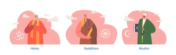 Boeddhisme Hindoe Moslim Religieuze Dienaren Karakters Die Spirituele Leiding Geven — Stockvector