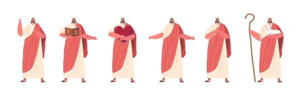 Jesus Different Poses Prayer Hands Clapped Demonstrating Devotion Humility Teaching — Stock Vector