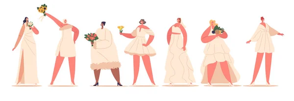 新娘在结婚日穿着高雅的服装 头戴花边 体现了她们的个人风格 塑造了她们难忘的新娘形象 卡通人物矢量图解 — 图库矢量图片