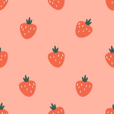 Pembe Arkaplanda Sevimli Çilekler, Projelere ya da Tasarımlara Bir Dokunuş Eklemek İçin Mükemmel Şekilde Kusursuz Şekiller. Şirin fayans süsü. Çizgi film Vektör İllüstrasyonu