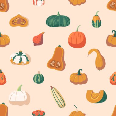 Kusursuz Balkabağı Şablonu, Tekrarlayan Tasarımda Balkabağı Düzenlemesi, Sonbahar temalı Dekorasyonlar İçin Mükemmel ve Yaratıcı Projelere Şenlik Dokunuşu. Çizgi film Vektör İllüstrasyonu