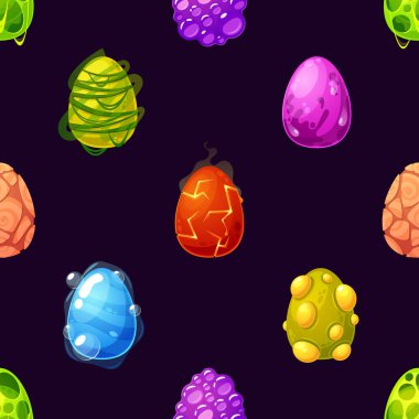 Çizgi film Ejder Yumurtaları, Dinozor ve Sürüngen Ui Oyun Varlıkları ile kusursuz desenli. Renkli dokuları olan sihirli yumurtalar, sivilceler, kabarcıklar, parlayan lavlar ve enerji kabukları Gui grafikleri, vektör döşemeleri