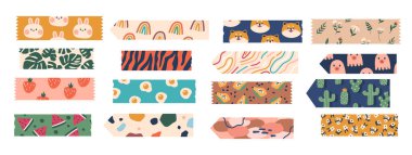 Canlı Dekoratif Kaset seti. Renkli ve desenli bantların toplanması, yaratıcılığa ve yeteneğe, el sanatlarına ve günlük eşyalara bir dokunuş eklemek için mükemmel. Çizgi film Vektör İllüstrasyonu