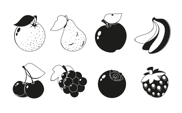 Zwarte Witte Fruit Iconen Geïsoleerde Elementen Druiven Bananen Kersen Bosbes — Stockvector