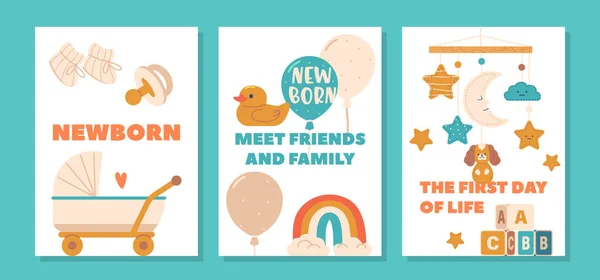 Banners Con Juguetes Artículos Para Bebés Plantillas Para Baby Shower — Vector de stock