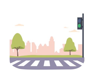 Trafik Işıklı Yol Zebra 'sı. Beyaz çizgilerle boyanmış yaya geçidi şehir bölgelerinde yaya geçitleri için güvenli bir geçiş sağlıyor. Çizgi film Vektör İllüstrasyonu