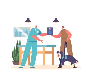 Veteriner, çip prosedüründen sonra evcil hayvan sahibine pasaport verir, evcil hayvan sağlığı ve gelecekteki bakımı için kimlik ve belge temin eder. Çizgi film Vektör İllüstrasyonu