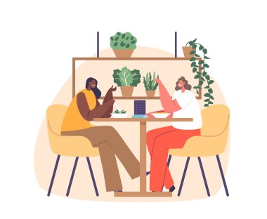 Zarif kadınlar canlı bir vejetaryen restoranında enfes bir mikroçerez yemeğinin tadını çıkarıyorlar, taze, besleyici bir tabağın tadını çıkarıyorlar. Çizgi film Vektör İllüstrasyonu