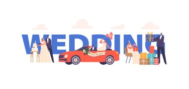 Düğün Bayrağı. Neşeli Gelin ve Damat, özel günlerini hediyeler, pasta ve balayı seyahatiyle kutluyor. Ömür boyu sürecek bir yolculuğa çıkan karakterler. Çizgi film Vektör Posteri veya Flyer