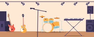 Elektrik Gitarları, Vurucu Davullar, Sentezleyici, Mikrofonlar, Dinamik Bas ve Titreşimli Bas ile Enerji Sahnesi Rock Müziğin Dinamik Atmosferini Oluşturuyor. Çizgi film Vektör İllüstrasyonu