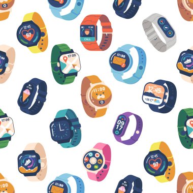 Akıllı Saatler Kusursuz Şablon, Yinelenen Şık ve Modern Smartwatches Tasarımı, Teknoloji Tutkunları ve Dijital Tasarımlara Çağdaş Bir Dokunuş Eklemek İçin Mükemmel. Çizgi film Vektör İllüstrasyonu