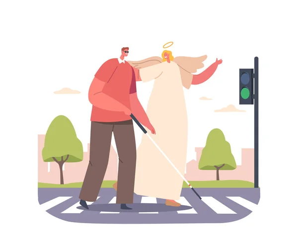 Angel Keeper Guides Blind Man Safely Road Offering Support Assistance — Stock Vector