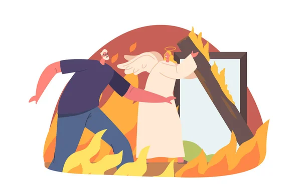 Angel Keeper Rescues Man Burning House Guiding Him Safety Amidst — Stock Vector