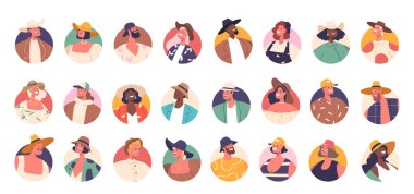 Sosyal Medya ve Web Tasarımı İçin İnsan Görselleri, Genç, Olgun ve Yaşlı Erkek veya Kadın Portreleri. Çeşitli Erkek ve Kadın Karakterleri Yüzleri. Çizgi film Vektör İllüstrasyonu, İzole Yuvarlak Simgeler