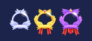 Gümüş, Altın ve Platin Oyun Avatar Frames, Rütbe Ödülleri, Seviye Ui Simgeleri. Kırmızı Kurdele ve Mücevherli Boş Pankartlar. Ayrı Ödül, Ödül Başarı ve Ödül Çizgi Filmi Vektör İllüstrasyonu, Ayarla