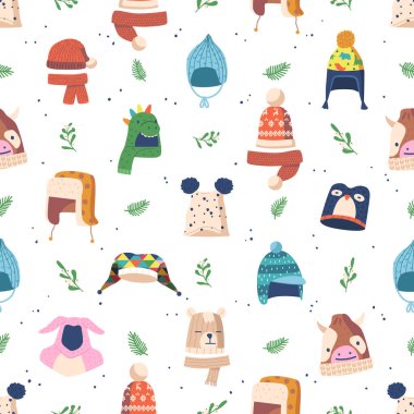 Şirin ve renkli çocukların kış şapkalarını gösteren, kışın temalı tasarım ve aksesuarlara eğlenceli bir dokunuş eklemek için mükemmel desenli harika bir şablon. Çizgi film Vektör İllüstrasyonu