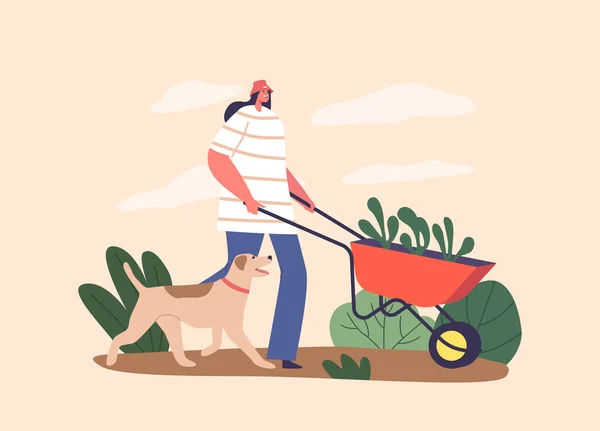 Mujer Jardinero Personaje Que Tiende Jardín Con Una Carretilla Rodeado — Vector de stock