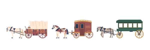 一组在白色背景上被隔离的瓦格纳 常用于运输货物及物料的马只拖拉固定及实用车辆漫画家图解 — 图库矢量图片