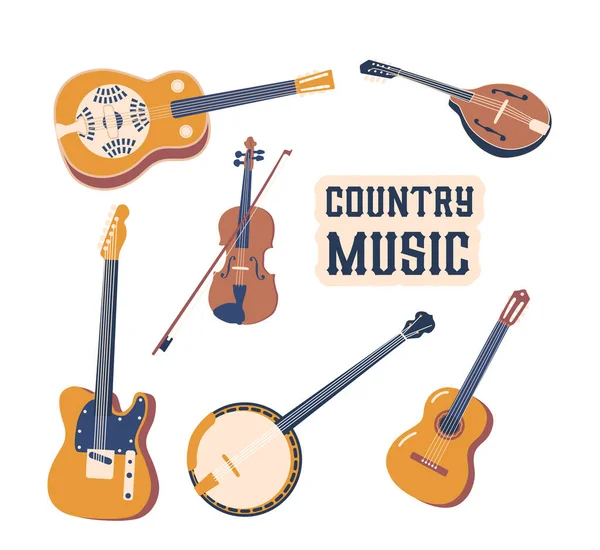 Gli Strumenti Musica Country Includono Chitarra Violino Banjo Mandarino Isolati — Vettoriale Stock