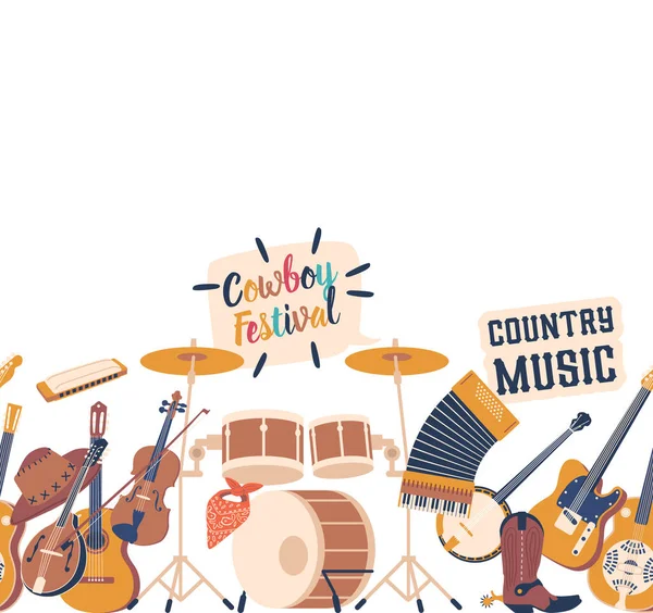 Naadloos Patroon Met Country Muziekinstrumenten Zoals Gitaar Banjo Viool Gearrangeerd — Stockvector